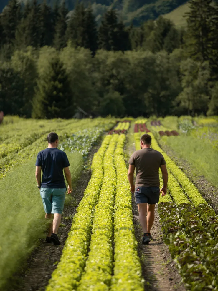 Zwei Männer gehen durch Salatreihen auf einem Bio-Bauernhof mit Wald im Hintergrund