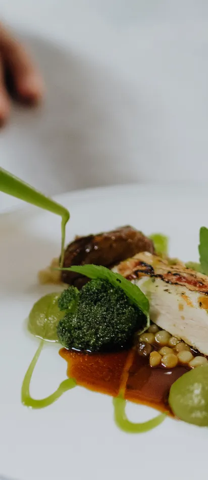 Chef plating gourmet chicken dish with green herb sauce and vegetables