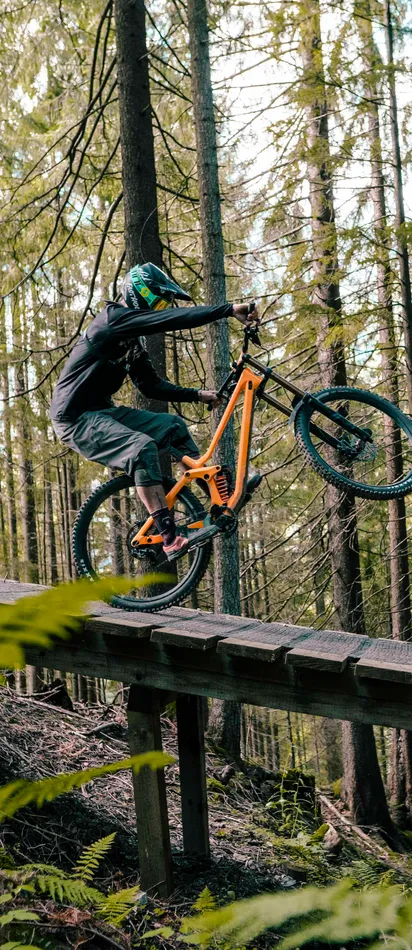 Mountainbiker macht ein Wheelie auf Holzrampe im Wald