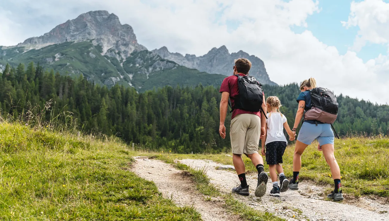 Familie wandert auf Bergpfad durch bewaldete Landschaft mit Alpenpanorama
