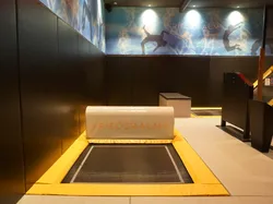 Trampolinbereich in der Halle mit gelber Polsterung und Riederalm-Logo