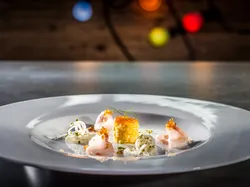 Gourmet-Meeresfrüchtegericht mit rohem Fisch, Pasta-Garnitur und Maismousse auf weißem Teller