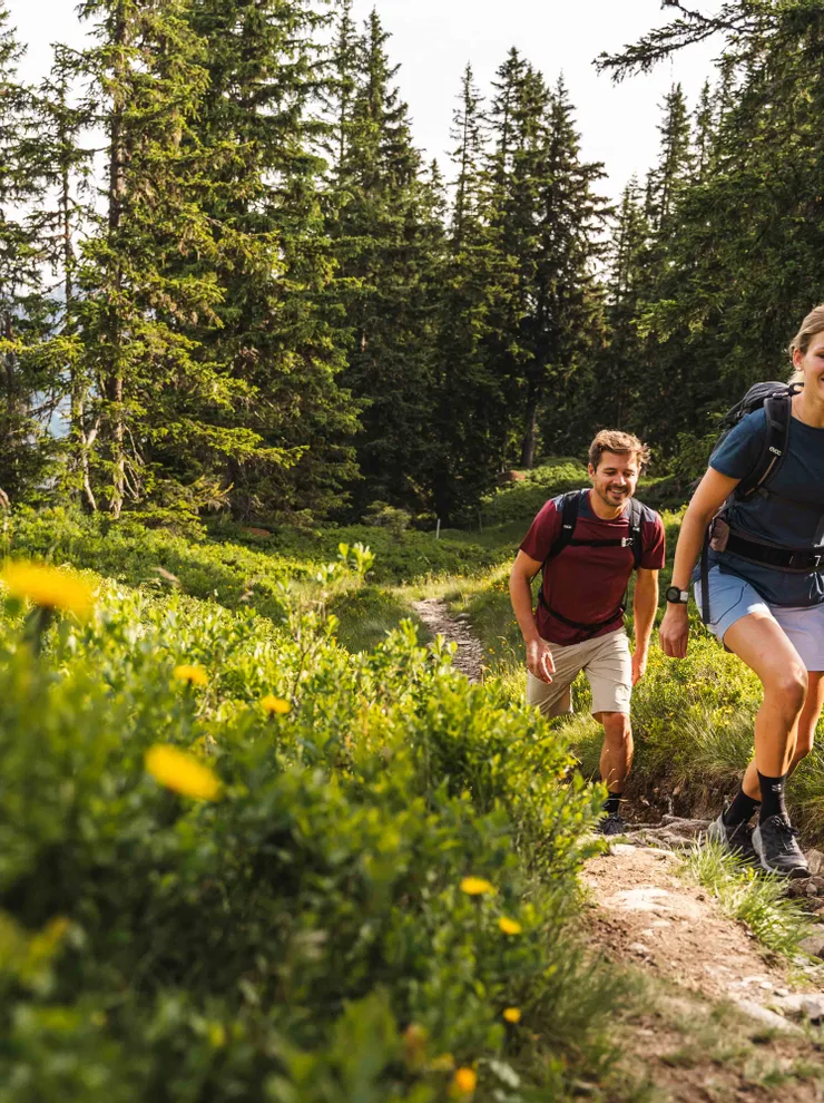 Lächelnde Wanderer auf einem üppig grünen Bergwaldpfad bergauf unterwegs