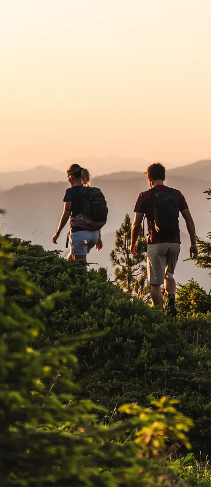 Couple hiking on a mountain trail at sunset surrounded by pine trees and scenic hills