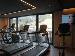 Modernes Fitnessstudio mit Laufbändern vor großen Fenstern mit Blick auf Berglandschaft