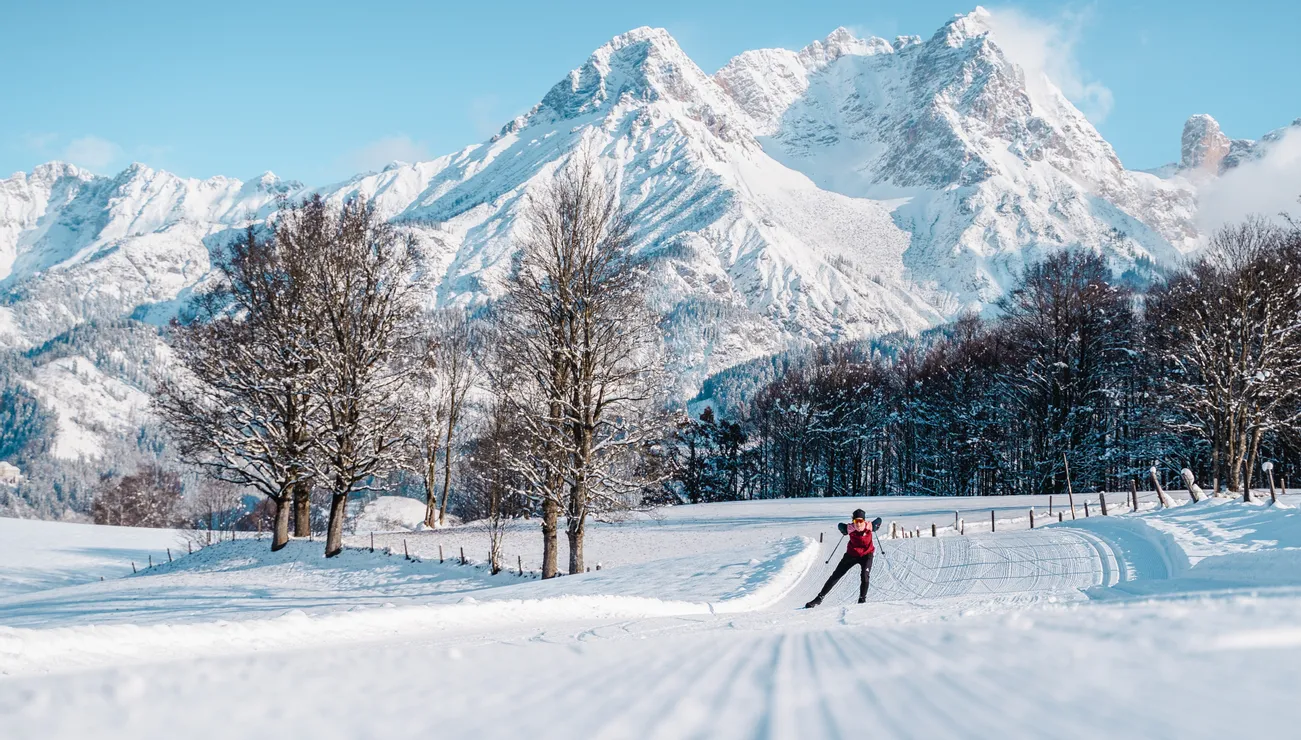 Cross-country skier on groomed trail with snowy alpine mountains in the background