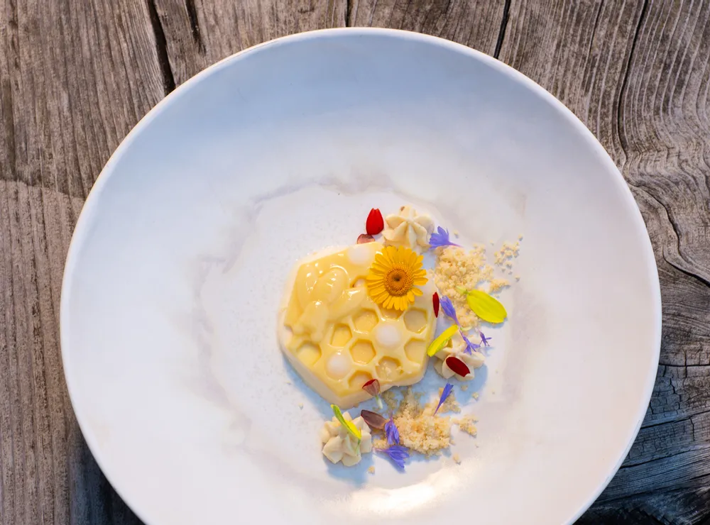 Gourmet honeycomb dessert with edible flowers on white plate over rustic wood table