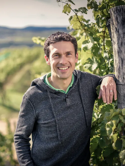 Smiling man standing in a sunny vineyard next to a wooden post