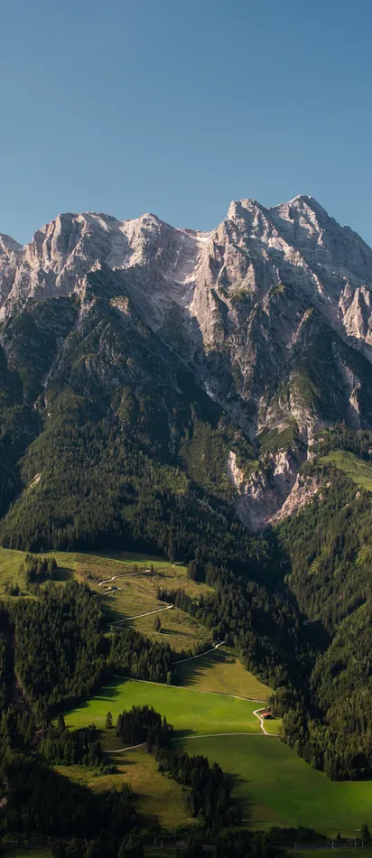 Alpenpanorama mit bewaldeten Hängen und klaren Bergspitzen bei sonnigem Wetter