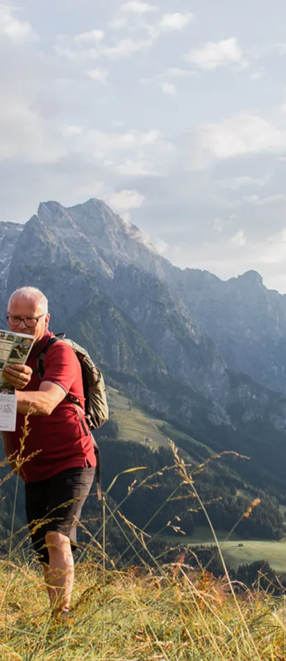 Group of hikers reading a map on a mountain meadow with alpine landscape in background
