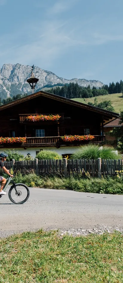 Radfahrer auf Landstraße vor Alpenhaus mit Blumenschmuck in bergiger Landschaft