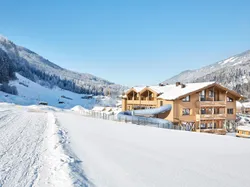 Holz-Skihotel mit Schneerutsche in verschneiter Alpenlandschaft