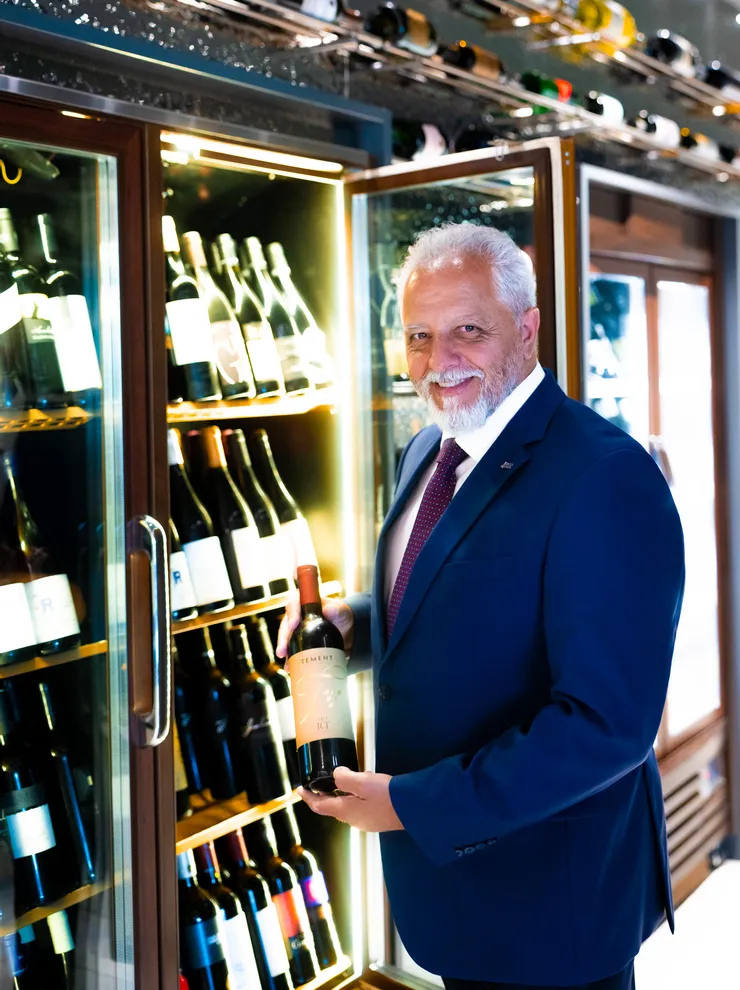 Älterer Mann im eleganten Anzug mit einer Flasche Wein in der Hand