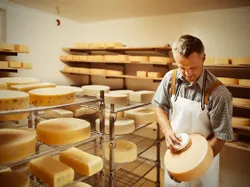 Cheesemaker brushing large cheese wheels in a maturing cellar