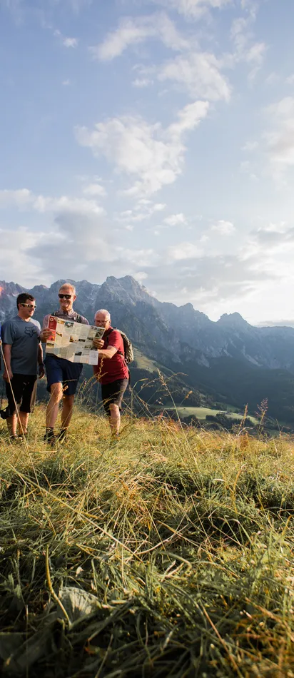 Gruppe von Wanderern betrachtet Karte auf Almwiese mit Alpenhintergrund