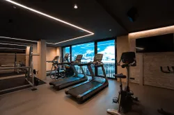 Modern gym with cardio machines and mountain view through large windows