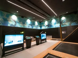 Indoor-Trampolinpark mit Spielbildschirmen und gepolsterten Sprungzonen