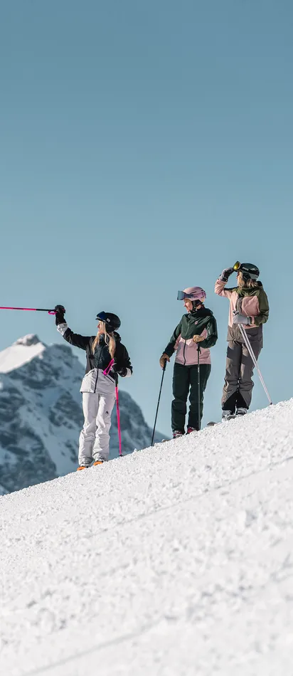 Group of skiers on snowy mountain slope pointing towards alpine peaks under clear blue sky