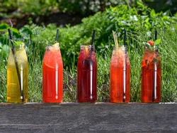 Bunte Kräuter-Eistees in Glasflaschen mit Strohhalmen im Garten