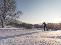 Langläufer gleitet durch verschneite Winterlandschaft bei Sonnenaufgang