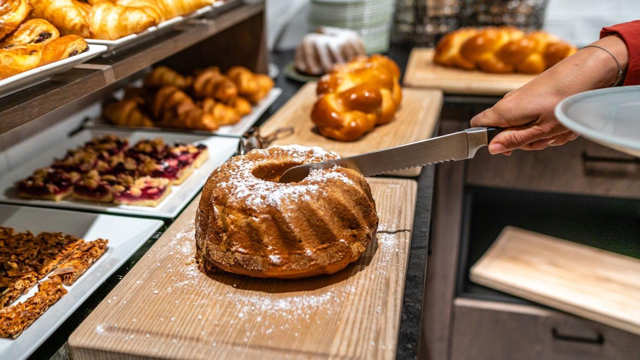 Cakes and pastries at the breakfast buffet