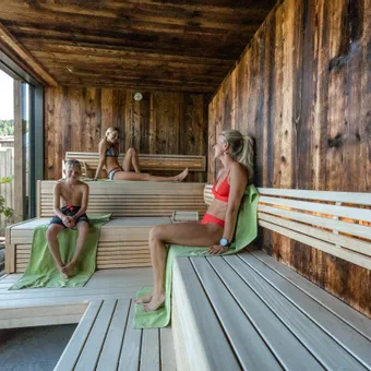 Family relaxing in a modern sauna with panoramic natural view