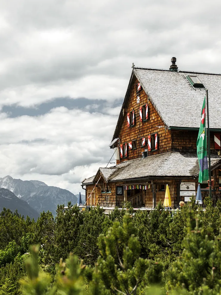 Alpine mountain lodge with shingled roof surrounded by pine trees and scenic peaks