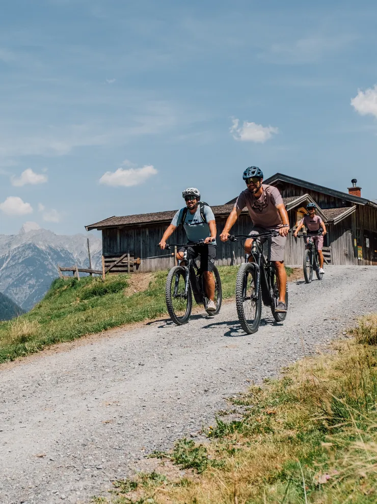 Gruppe von Mountainbikern fährt im Sommer an einer Almhütte bergab