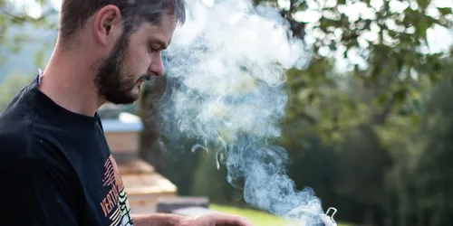 Imker benutzt Smoker neben einem Bienenstock im Freien