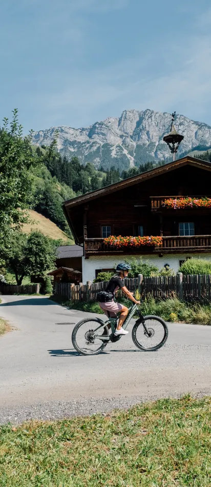 Cyclists on country road passing alpine house with flower boxes in mountain scenery