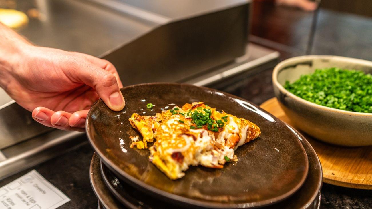 Breakfast omelette at the buffet at the Riederalm