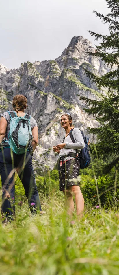 Zwei Frauen wandern bei einer Informationstafel in alpiner Waldlandschaft