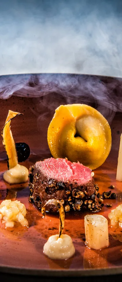 Gourmet beef fillet with tortellini, root vegetables, and smoke on rustic plate