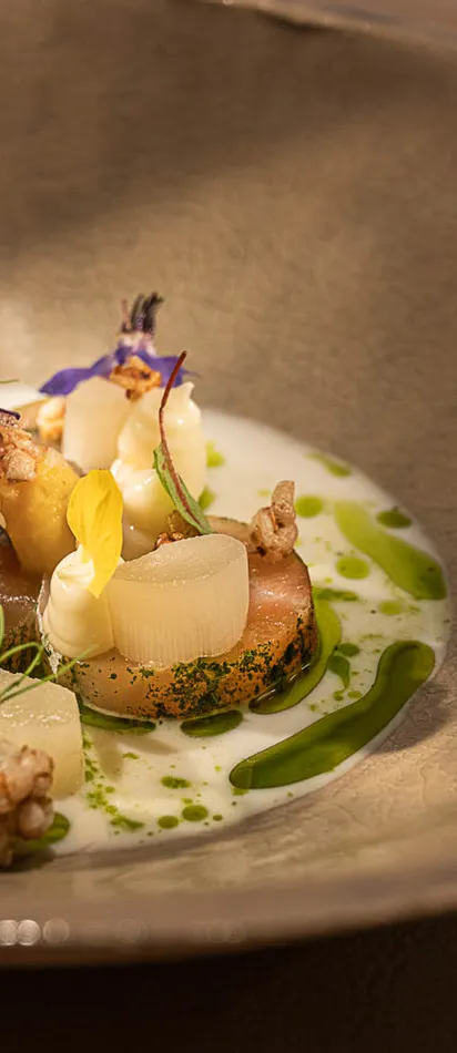Gourmet plated dish with white asparagus, microgreens, edible flowers and green herb oil