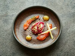 Gourmet dish with smoked salmon, beet puree, apple sticks, and sauce on a rustic plate