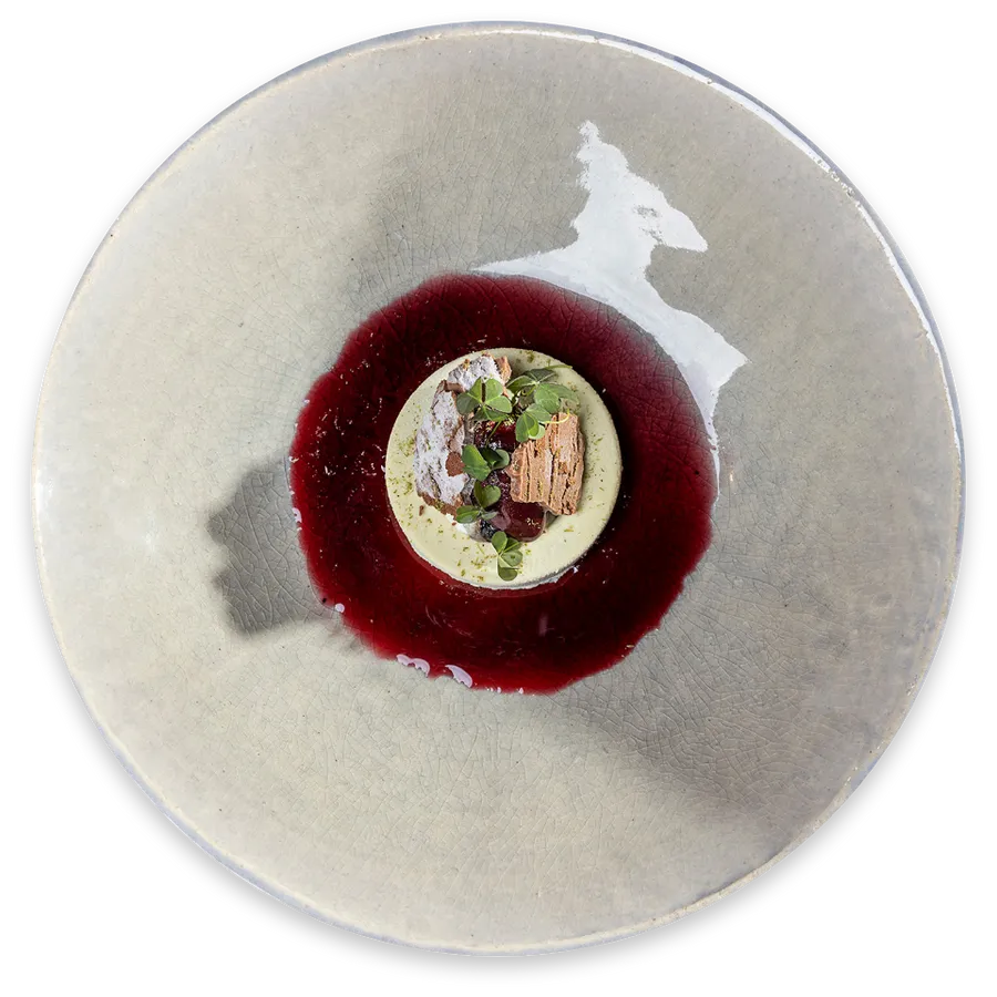 Gourmet-Dessert mit grünem Mousse, roter Beerensauce und essbarer Garnitur auf Keramikteller