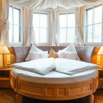 Cozy hotel room with round wooden bed, soft white bedding, and large bay windows with curtains