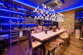 Modern wine cellar with wooden table, designer lighting and shelves of wine bottles