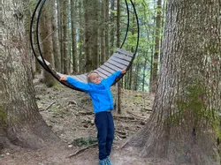 Kind in blauer Jacke spielt auf runder Holzschaukel im Wald zwischen hohen Bäumen