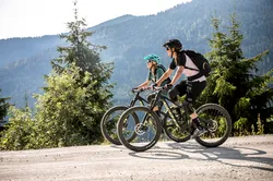 Two mountain bikers riding uphill on a forest trail with scenic alpine background