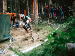 Downhill-Mountainbiker fährt durch einen Waldtrail mit zuschauenden Fans